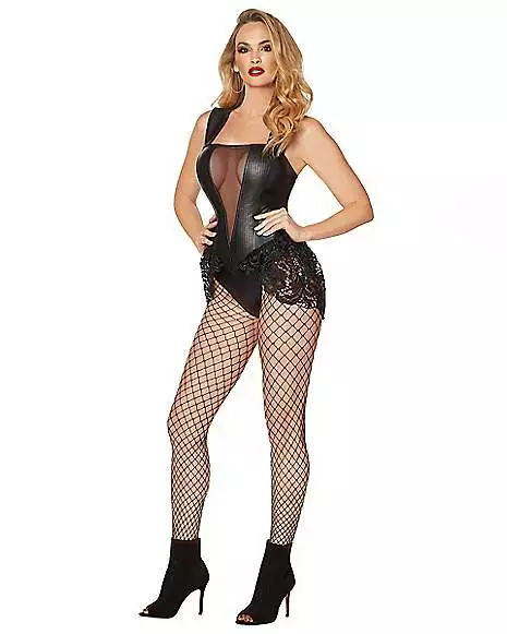 Adult Black Faux Leather And Lace Bodysuit 3 Adult Black Faux Leather And Lace Bodysuit - Image 3